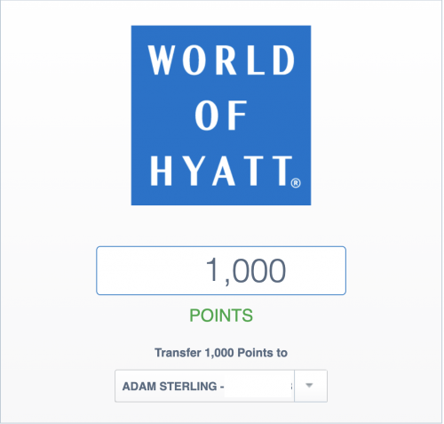 Screenshot of a part of a web page showing how to transfer points in increments of 1,000 to the World of Hyatt loyalty program